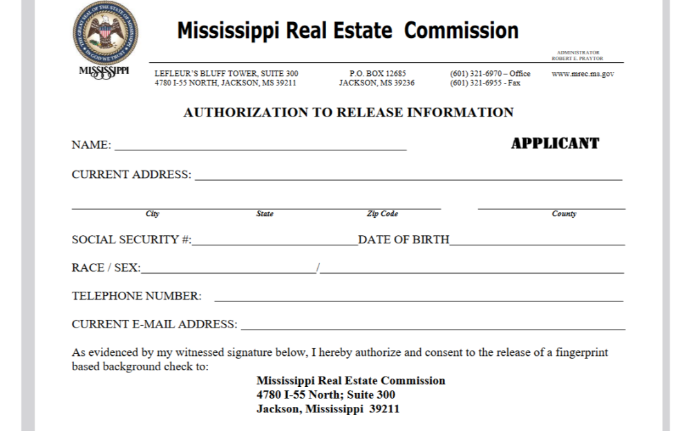 Screenshot of a document titled Authorization to Release Information from the Mississippi Real Estate Commission, requiring the applicant's personal information for a background check.