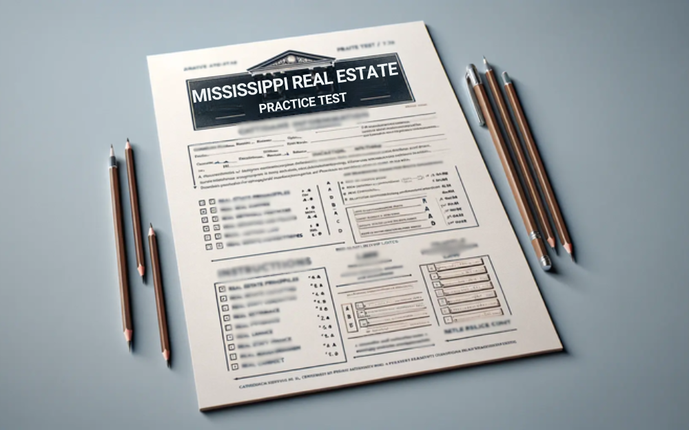 A white flat surface with pencils and a piece of paper showing a Mississippi practice test for real estate licensure exam.